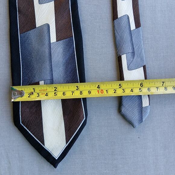 Vintage Y2K Silk Neck Tie geometric grey ribbon brown cream black wood texture - Picture 11 of 14